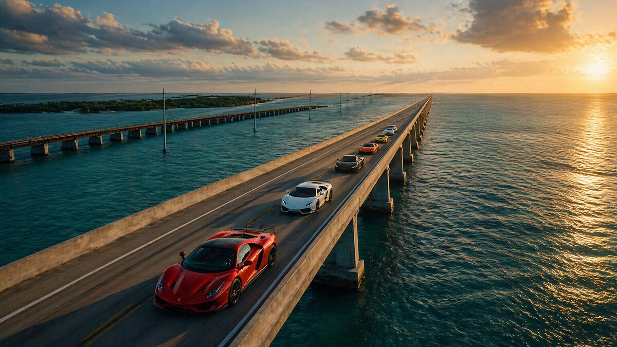 Supercars crossing the Seven Mile Bridge