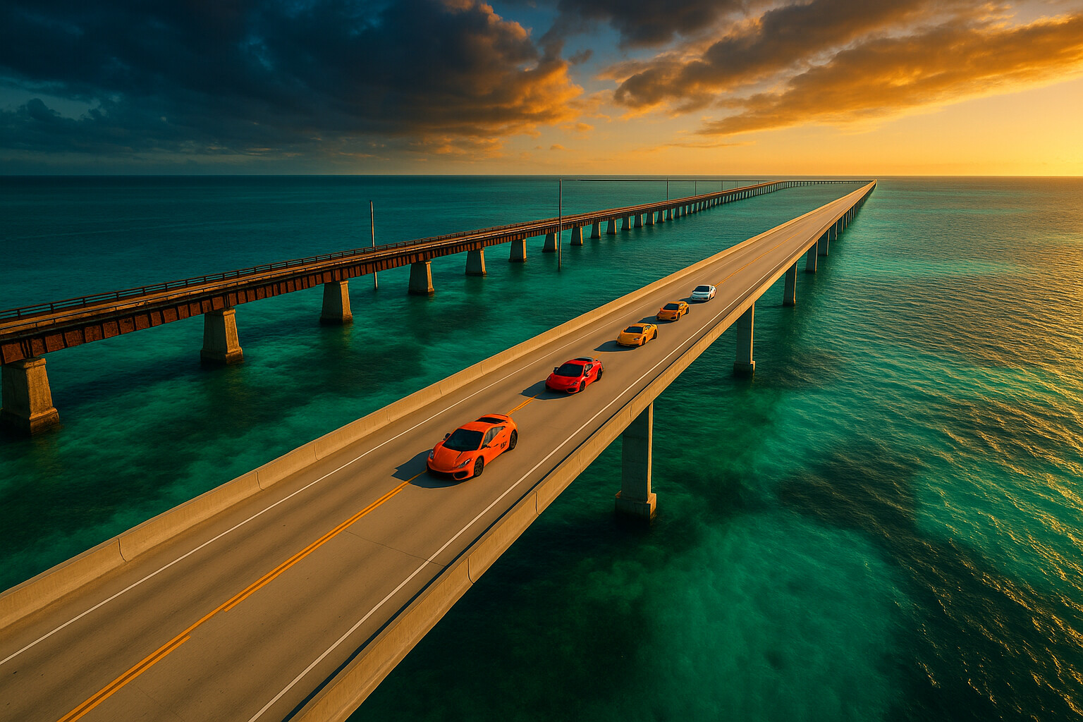 Supercars crossing the Seven Mile Bridge